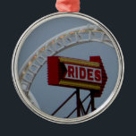 Rides and Roller Coaster Metal Tree Decoration<br><div class="desc">This image features a classic amusement rides sign with a steel roller coaster track curling behind it. A great image for a beach,  boardwalk or amusement park fan.</div>