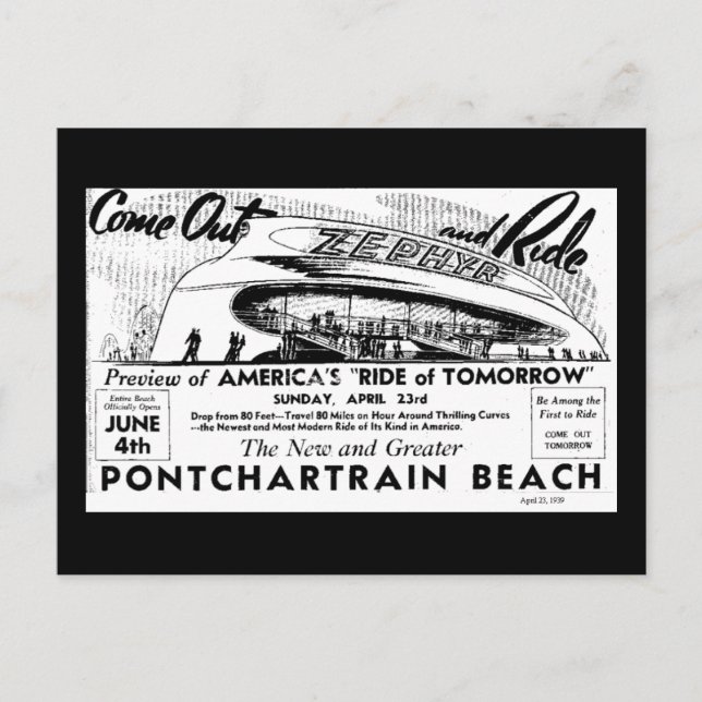 Rides at Pontchartrain Beach, Zephyr Postcard (Front)