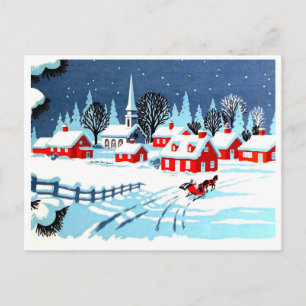 Riding a carriage to a village in winter, vintage postcard