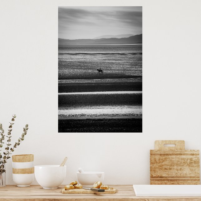 Riding A Horse On The Beach Black And White Poster (Kitchen)
