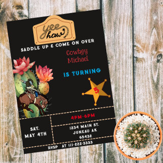 Riding Cowboy Western Cactus Birthday Invitation