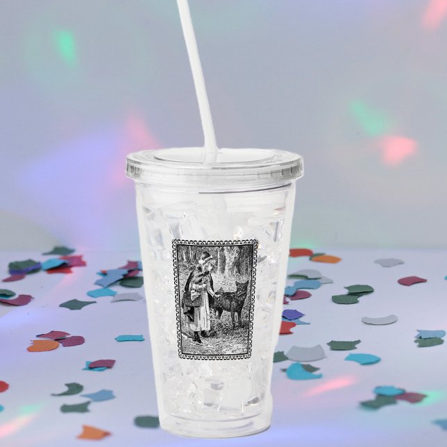 Riding Hood Talking to Wolf Trees Ornate Frame Acrylic Tumbler (Black White red riding hood wolf fairly tail in ornate black frame on acrylic drink tumbler.)