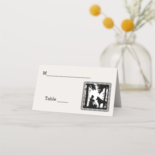 Riding Hood Trees Wolf Fancy Border Black White Place Card (Front)
