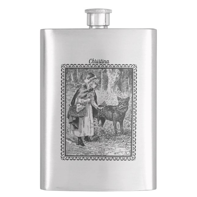 Riding Hood Wolf Fairy Tale Black White Framed Hip Flask (Front)