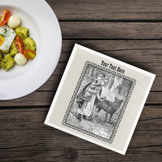 Riding Hood Wolf Talking in Woods Black White Napkin