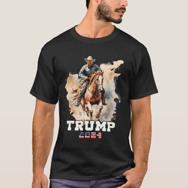 Riding Horse American Flag Cowboy  T-Shirt (Front)