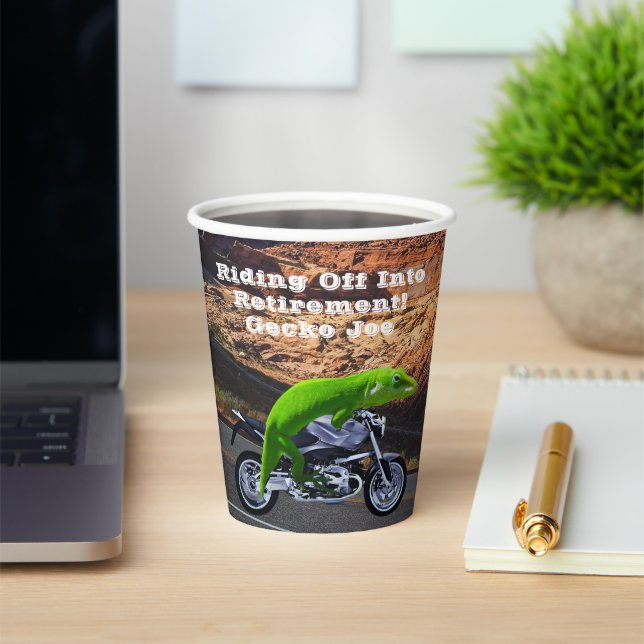 Riding Off Into Retirement Custom Gecko Motorcycle Paper Cups (Insitu)