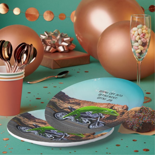 Riding Off Into Retirement Custom Gecko Motorcycle Paper Plate (Multi)