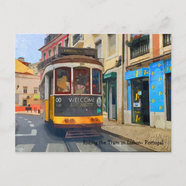 Riding the Tram in Lisbon Portugal Postcard (Front)