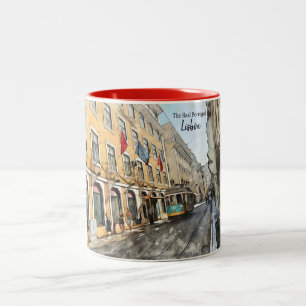 Riding the Tram in Lisbon Portugal Postcard Two-Tone Coffee Mug