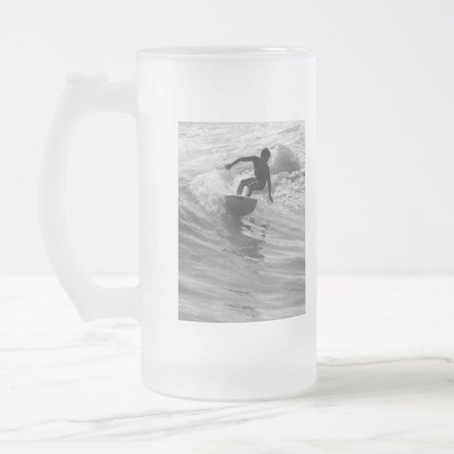 Riding The Wave Grayscale Frosted Glass Beer Mug (Left)