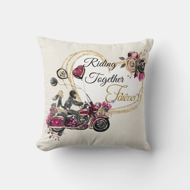 Riding Together Forever Biker Wedding Throw Pillow (Front)