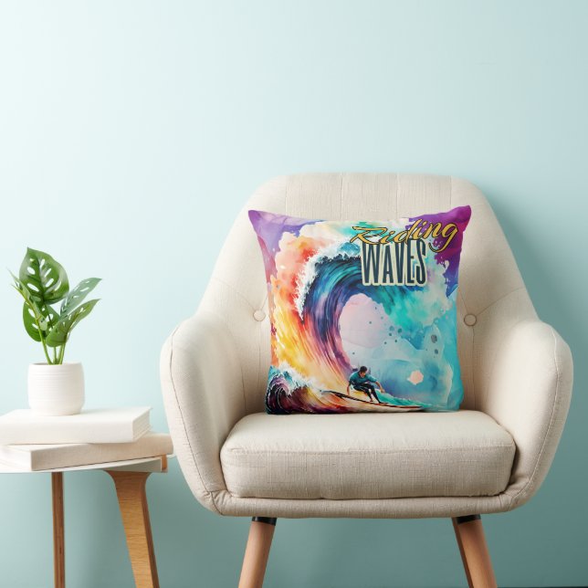 Riding Waves, Surfer in Colourful Ocean, Sporting Cushion (Chair)