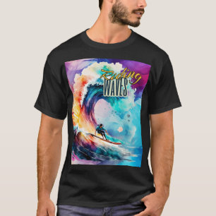 Riding Waves, Surfer in Colourful Ocean, Sporting T-Shirt