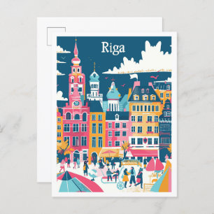 Riga Latvia Art Vintage Travel Illustration Postcard