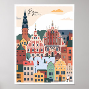Riga Latvia Art Vintage Travel Illustration Poster