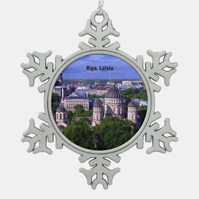 Riga, Latvia cityscape  Snowflake Pewter Christmas Ornament (Front)
