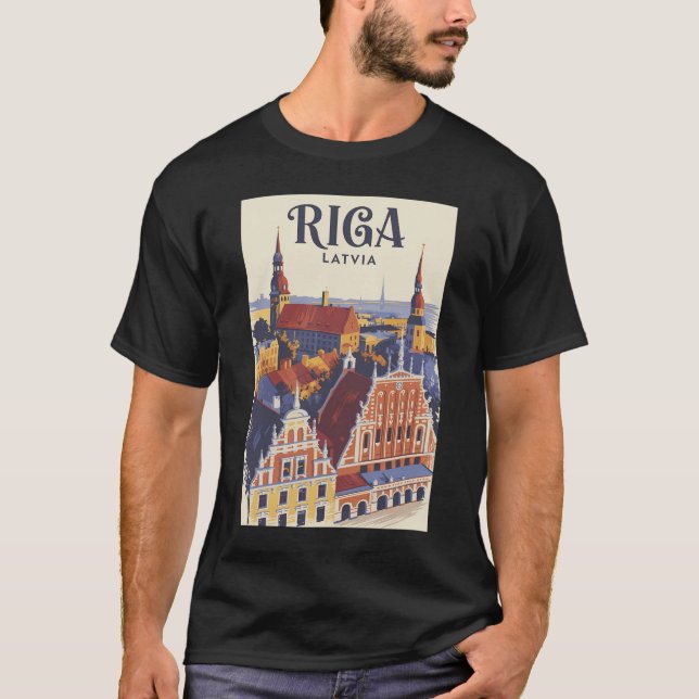 Riga Latvia Illustration Travel Art Vintage T-Shirt (Front)