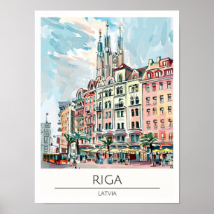 Riga Latvia Vintage Art Illustration Travel Poster
