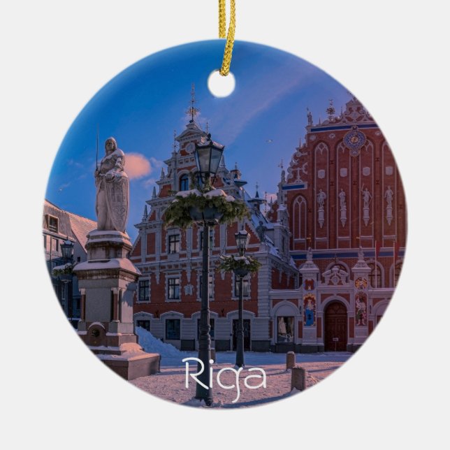 Riga Town Hall Square in winter Ceramic Tree Decoration (Front)