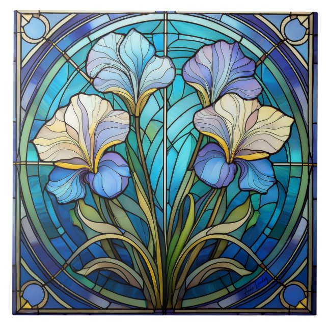 Right Floral Iris Art Nouveau Blue Green Retro Tile (Front)