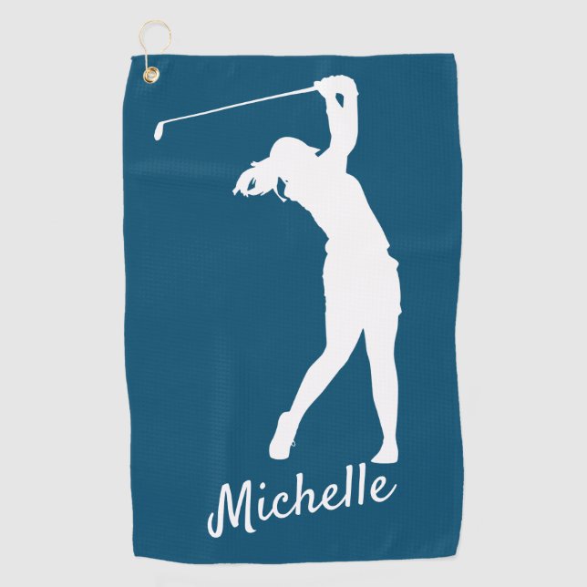 Righthanded "golfer Michelle" blue Golf Golf Towel (Front)