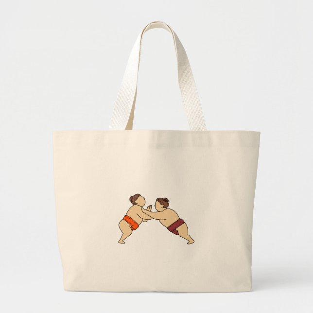 Rikishi Sumo Wrestler Pushing Side Mono Line Large Tote Bag (Front)