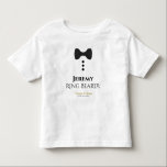 Ring Bearer Black Tie Wedding Young Child T-shirt<br><div class="desc">These fun t-shirts are designed as favours or gifts for wedding ring bearers. The t-shirt is white and features an image of a black bow tie and three buttons. The text reads Ring Bearer, and has a place to enter his name as well as the wedding couple's name and wedding...</div>