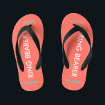 Ring Bearer NAME Coral Kid's Flip Flops<br><div class="desc">Ring Bearer is written in white text against bright coral colour with black accents. Name and Date of Wedding is turquoise blue. Personalise your little ring bear boy's name in arched uppercase letters. Click Customise to increase or decrease name size to fall within safe lines. Fun beach destination flip flops...</div>