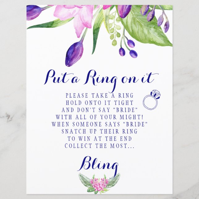 Ring game elegant floral bridal shower sign (Front)