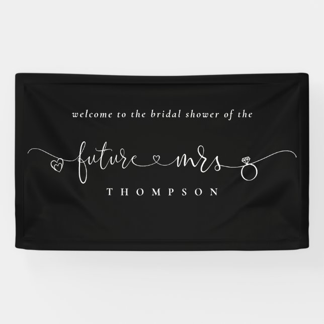 Ring Heart Future Mrs Black White Bridal Shower Banner (Horizontal)