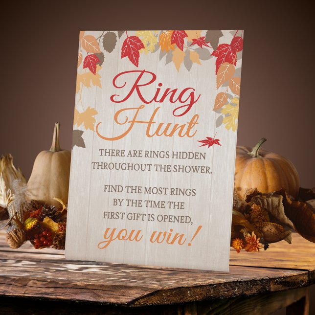 Ring Hunt Fall Bridal Shower Party Game Pedestal Sign (Ring Hunt Fall Bridal Shower Standing Pedestal Game Sign for a Fall in Love Celebration. Fall leaves)