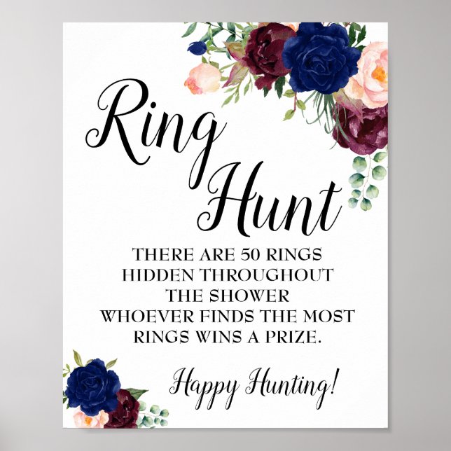 Ring hunt game Bridal shower navy floral sign (Front)