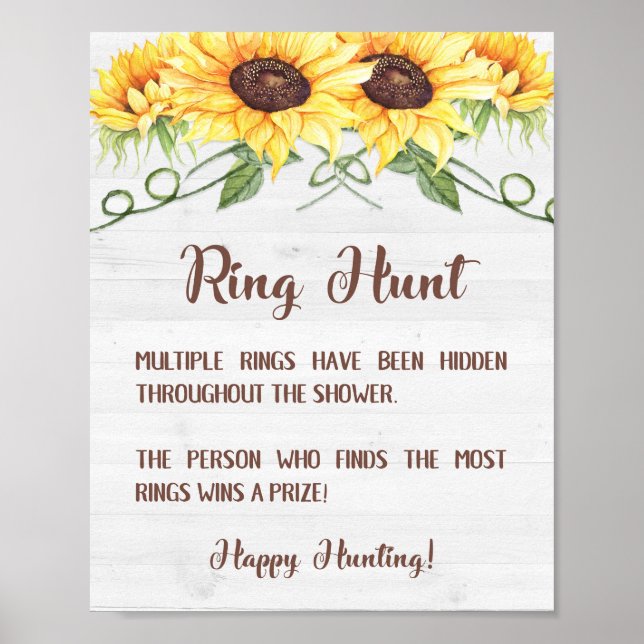RING HUNT Sunflower Bridal Shower Game Sign (Front)