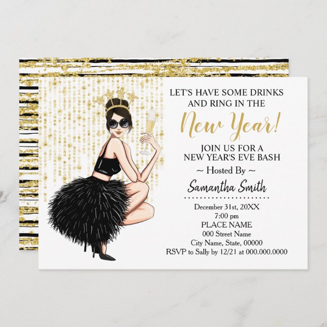 Ring In The New Year and Have a Drink Glitter Invitation (Front/Back)