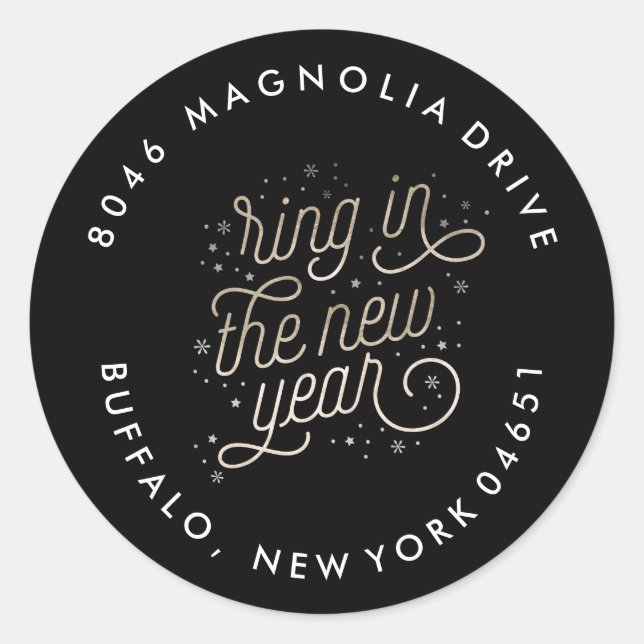 Ring in the New Year Party Faux Gold Foil Address Classic Round Sticker (Front)