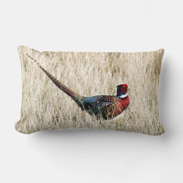 Ring Neck Pheasant in Meadow Lumbar Cushion (Front)