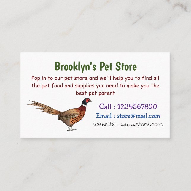 Ring-necked pheasant bird cartoon illustration  business card (Front)