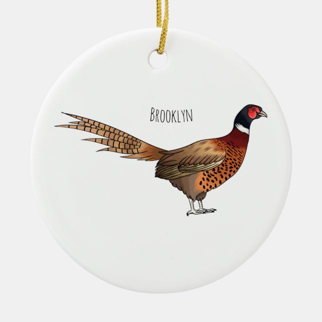 Ring-necked pheasant bird cartoon illustration  ceramic tree decoration (Front)