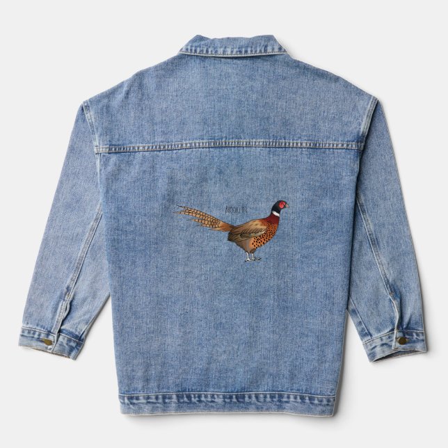 Ring-necked pheasant bird cartoon illustration denim jacket (Back)