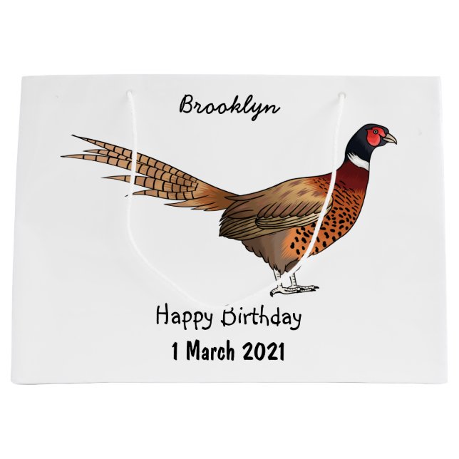 Ring-necked pheasant bird cartoon illustration  large gift bag (Front)