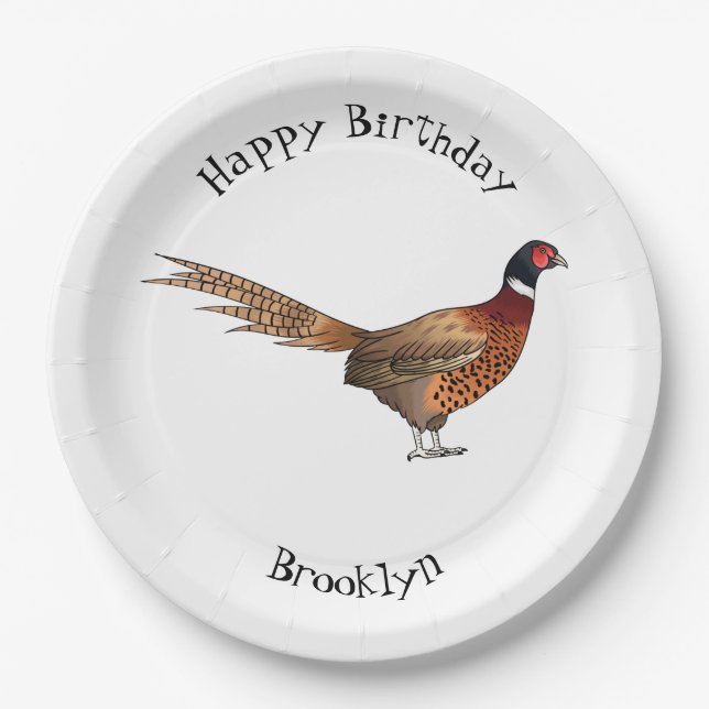 Ring-necked pheasant bird cartoon illustration  paper plate (Front)