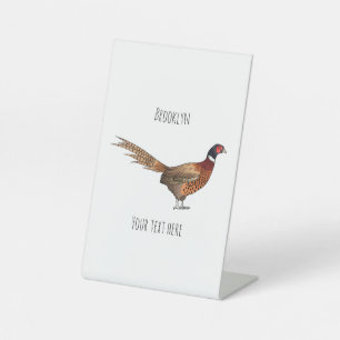 Ring-necked pheasant bird cartoon illustration pedestal sign