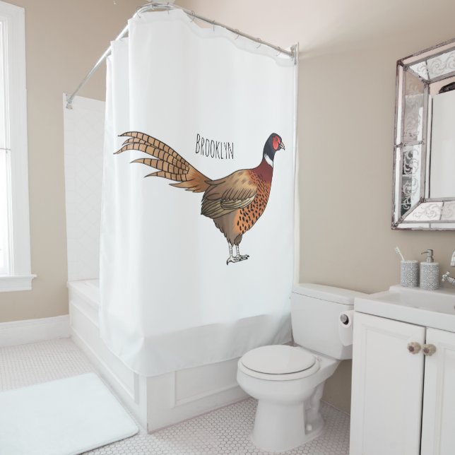 Ring-necked pheasant bird cartoon illustration  shower curtain (In Situ)
