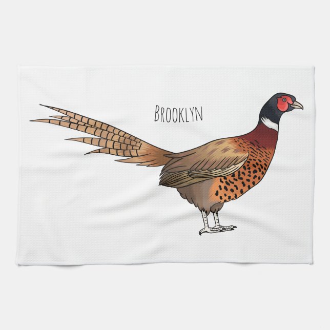 Ring-necked pheasant bird cartoon illustration  tea towel (Horizontal)