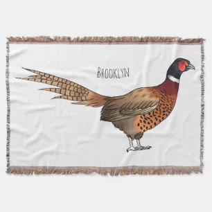 Ring-necked pheasant bird cartoon illustration throw blanket