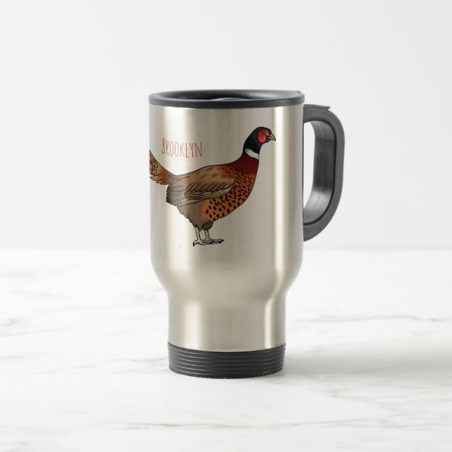Ring-necked pheasant bird cartoon illustration  travel mug (Front Right)