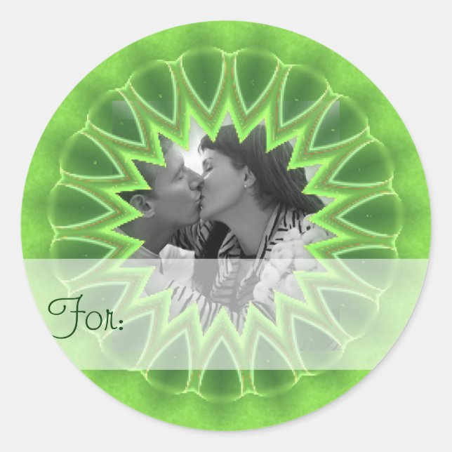 Ring of Green Photo Frame Kaleidoscope Mandala Classic Round Sticker (Front)