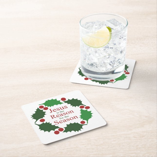 Ring of Holly Jesus Reason for Season  Square Paper Coaster (Insitu)