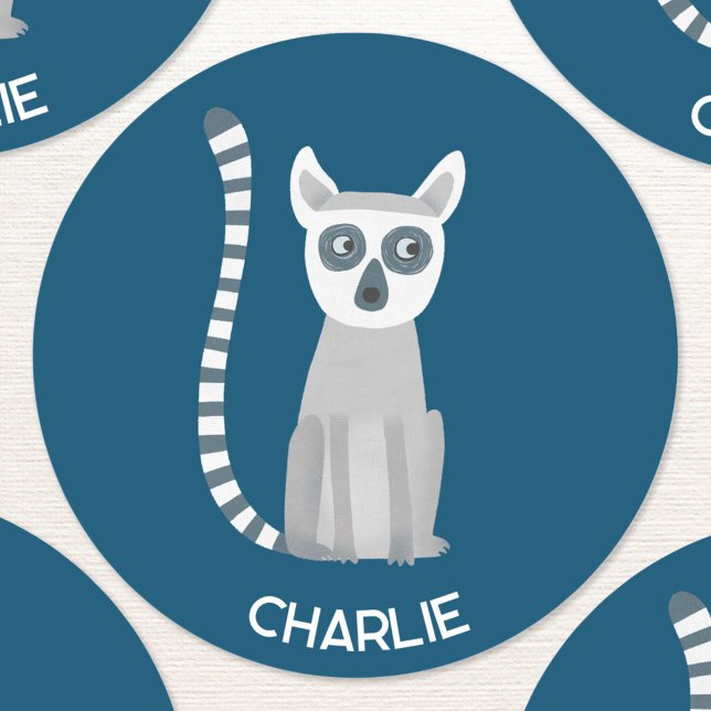 Ring Tailed Lemur Personalised Name Classic Round Sticker (Fun personalized custom name ring tailed lemur stickers)